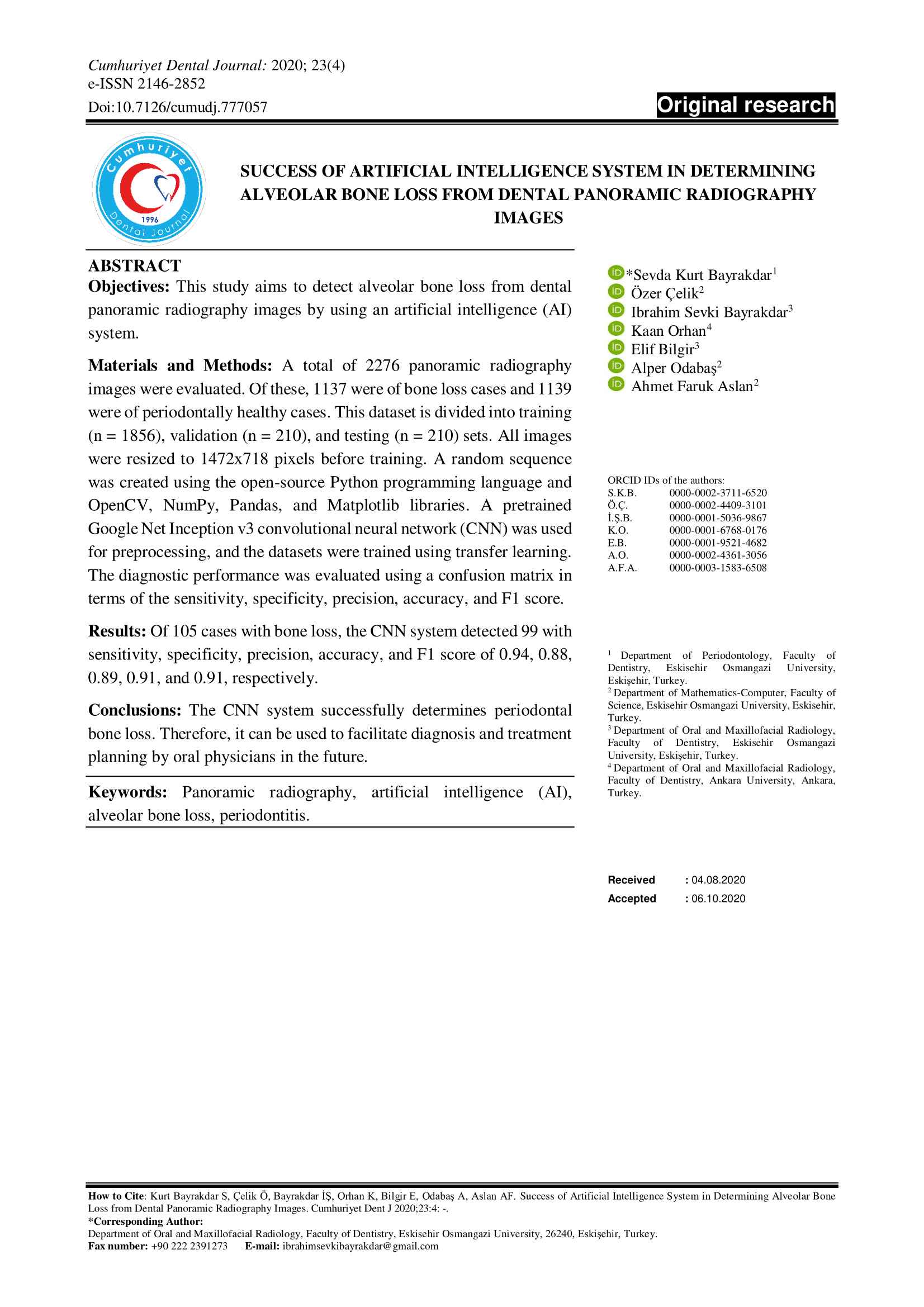Yapay Zeka Sisteminin Dental Panoramik Radyografi Görüntülerinden Alveoler Kemik Kaybını Belirlemedeki Başarısı